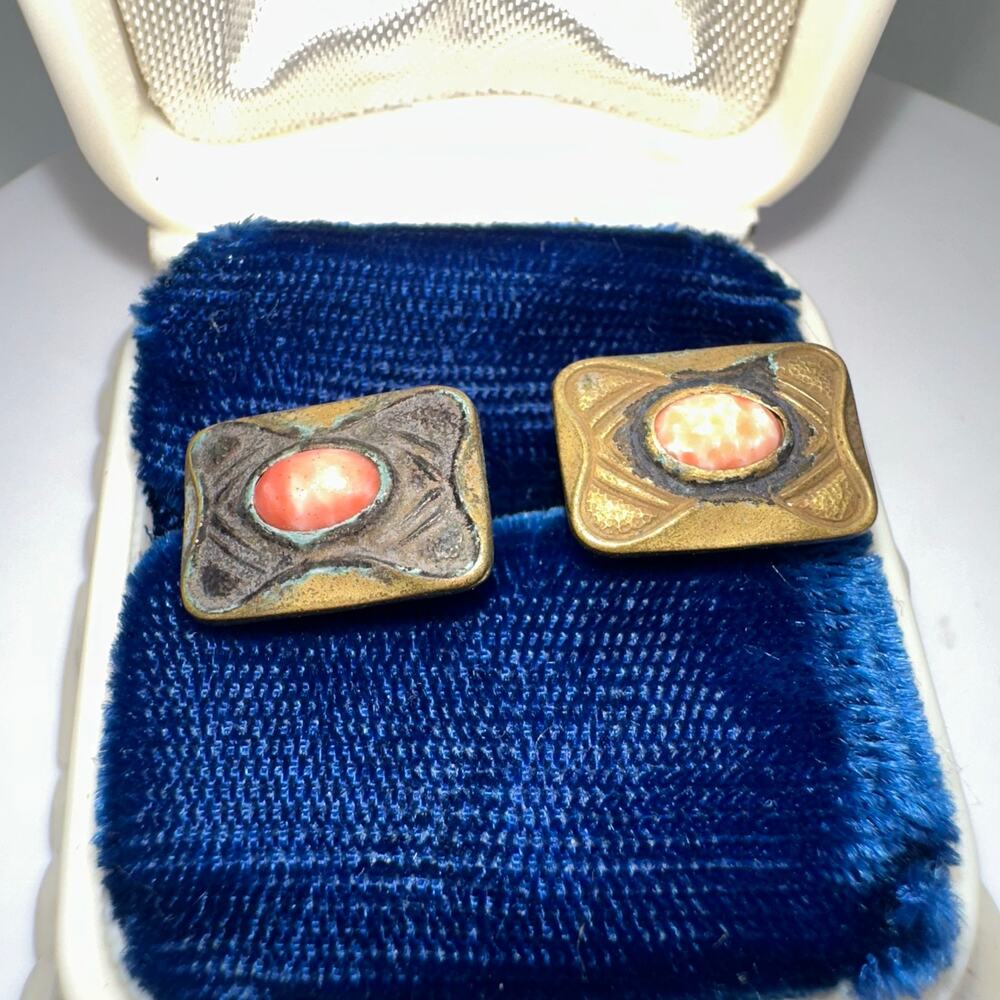 Antique Victorian Arts & Crafts gold tone peach art glass bean back cufflinks - Picture 3 of 8
